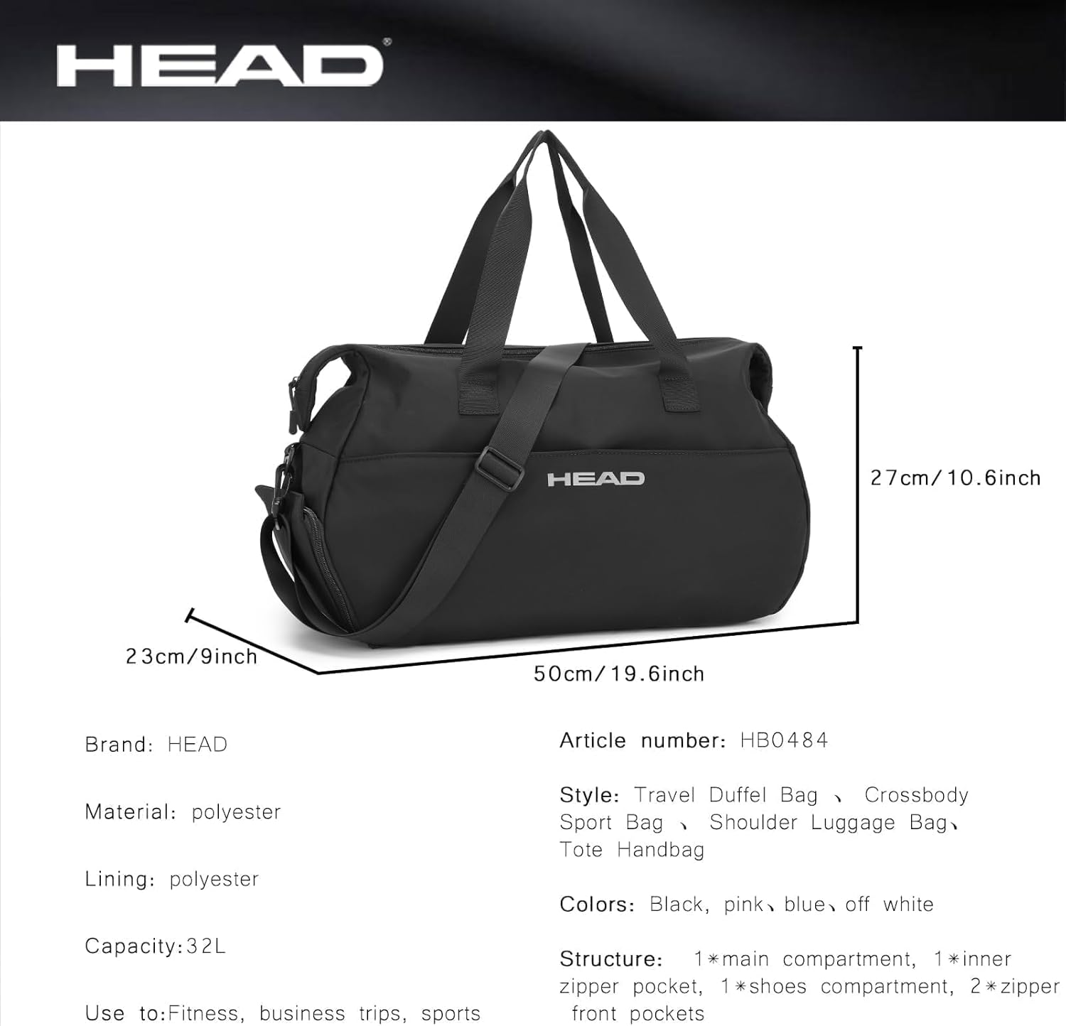 HEAD Women's Gym Duffel Bag, 32L Waterproof Travel Bag with Separate Shoe Compartment, 4 Ways to Carry, Multi-Pocket Sports Tote for Workout, Yoga, Weekender Trip & Business Travel (Black) - Image 4