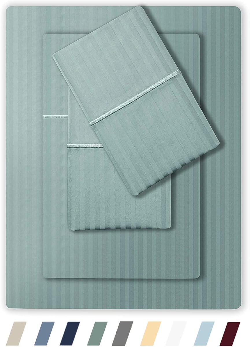 Feather & Stitch 500 TC Queen Size Damask Bed Sheet Set, 100% Cotton Soft Breathable Bedsheets 4 Piece 18" Deep Pockets Sateen Weave Striped Bedding Mattress Resort Hotel Luxury (Granite Green, Queen)