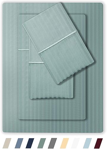 Feather & Stitch - Juego de sábanas de 500 hilos 100 % algodón a rayas damasco 4 piezas, tejido de satén suave transpirable de 18 pulgadas de
