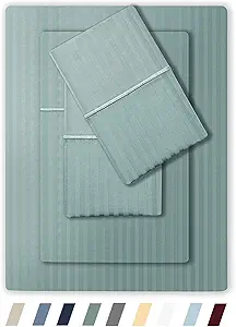 Feather & Stitch 500 TC Queen Size Damask Bed Sheet Set, 100% Cotton Soft Breathable Bedsheets 4 Piece 18" Deep Pockets Sateen Weave Striped Bedding Mattress Resort Hotel Luxury (Granite Green, Queen)