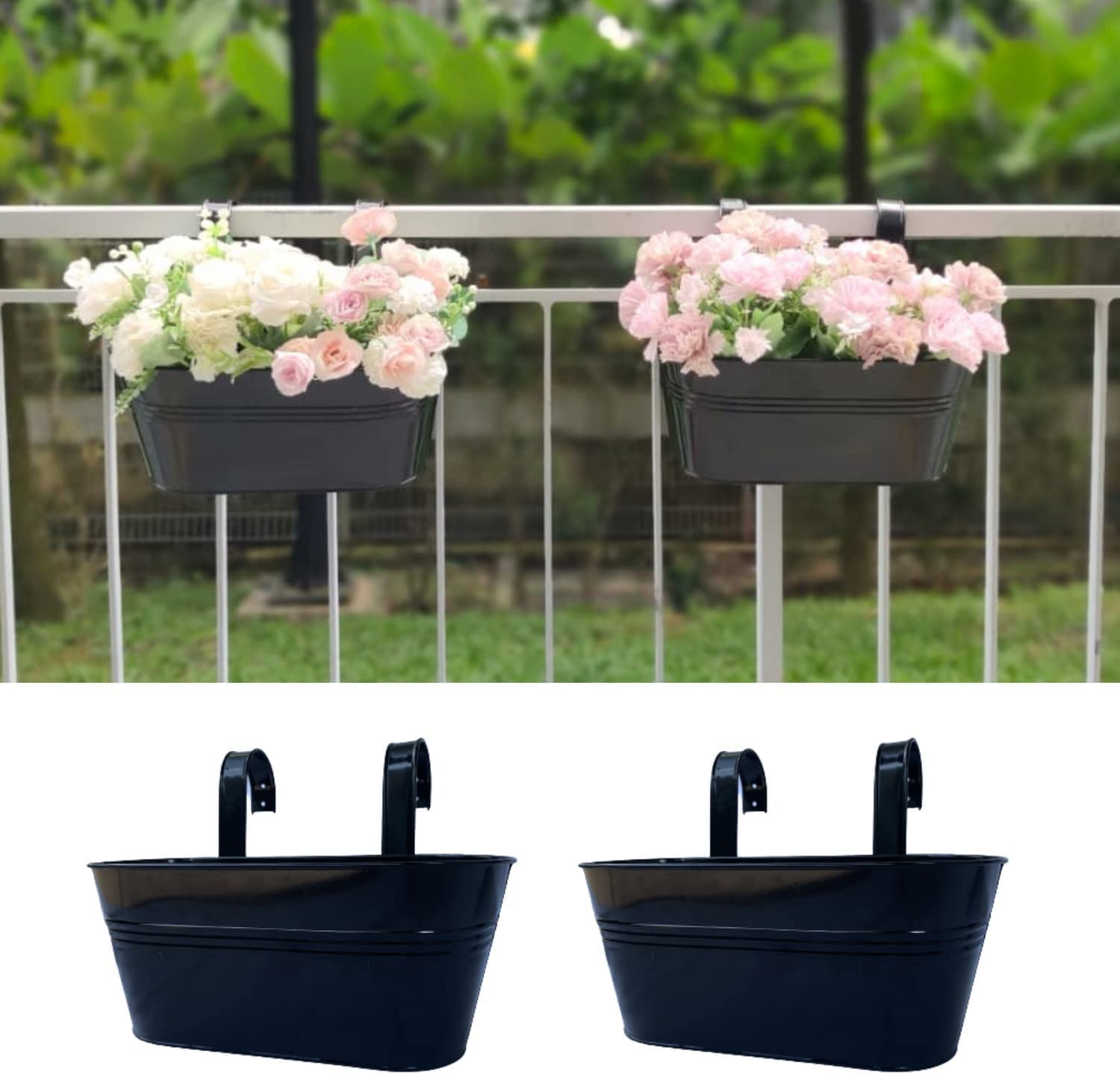 SIRAAJ Rail Planter, Balcony Planters Railing Hanging Flower Pots with Detachable Hook, Iron Fence Bucket Outdoor Flower Pot for Patio Fence Deck Balcony Garden