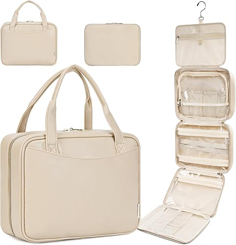 Miniatura 1 de Neceser para mujer, organizador de maquillaje de viaje colgante con 4 compartimentos, piel sintética, impermeable, bolsa de cosméticos para