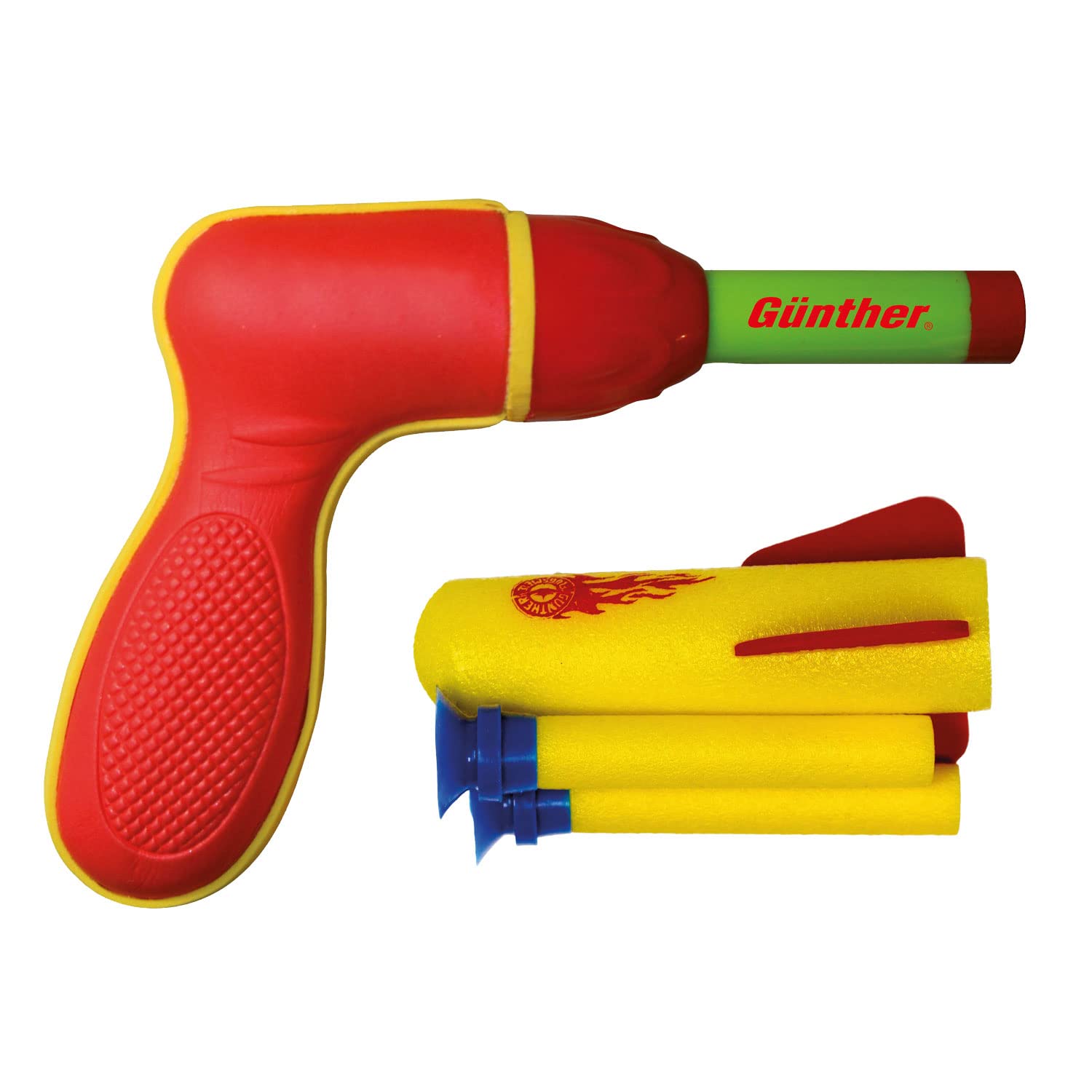 GÜNTHER FLUGSPIELE 1542 - Gioco di razzi Pop Darts, lanciarazzi ad aria compressa per bambini a partire da 4 anni, incl. 1 razzo in schiuma morbida e 2 dardi in schiuma morbida