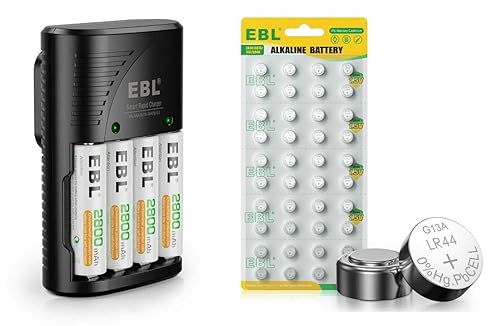 EBL Paquete de 4 pilas AA recargables con cargador y pilas alcalinas LR44, paquete de 40 disponible en Yaxa Venezuela