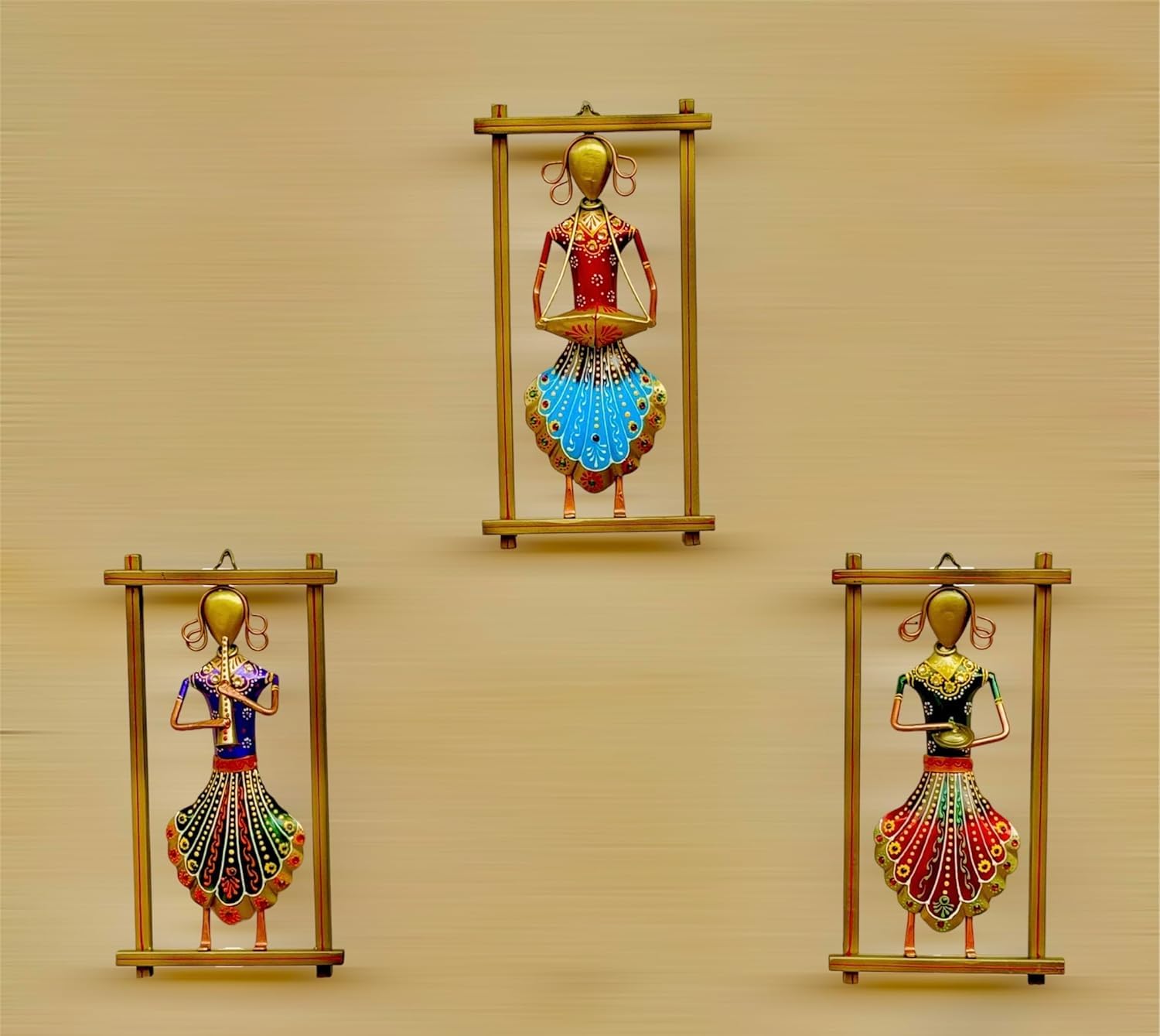 RSN Metal Wall Art for Home Office Living Room Decor Handmade Rajasthani Musician Showpiece for Wall Decoration - Set of 3 Frames - Size-12 x 6.5 Inches Each-A2 2