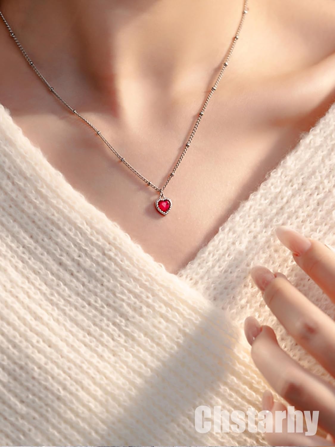 Dainty Ruby Heart Necklace 14K Gold/Silver Plated Love Pendant Chain Necklace Tiny Red Stone Carnelian Choker for Women Romantic Gift Jewelry - Image 2