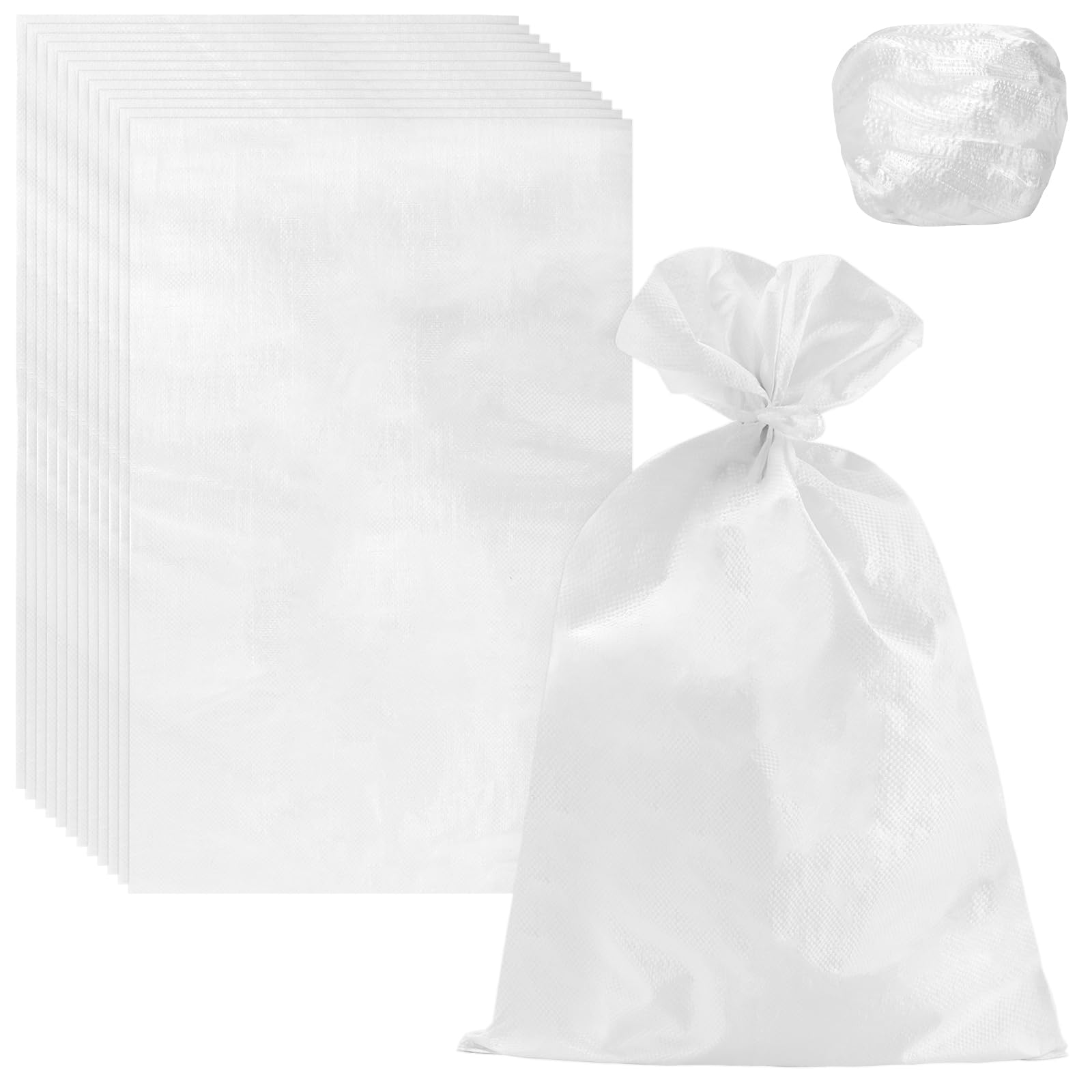 FUNSUEI Lot de 60 Sac a gravats Blancs, 45 x 77 cm, Sac de Sable Vide avec Cordon de Serrage en polypropylène à remplir