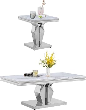 Luxury Marble Coffee Table Set of 2, Modern Coffee Table with Sofa Side Table, White Faux Marble Top & Silver Diamond Shape Stainless Steel Base, 2 Piece Living Room Table Set for Apartment Home Decor