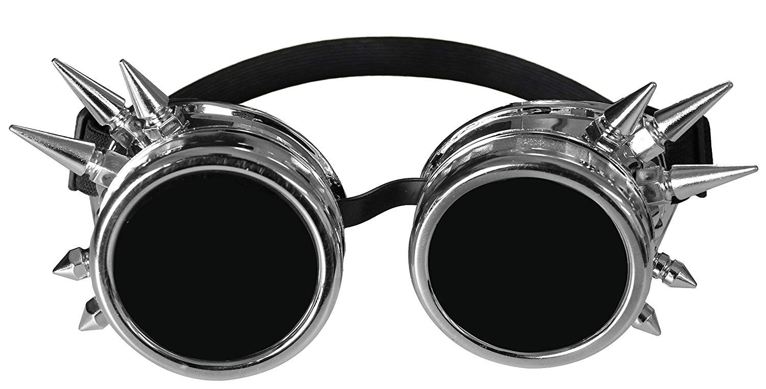 ADULTS STEAMPUNK GOGGLES PERFECT FOR ANY STEAM PUNK FANCY DRESS PARTY MOVIE FILM BOOK OLD ENGLAND GOTHIC NEW MEDIEVAL: SILVER WITH BLACK LENS AND SPIKES - PACK OF 12