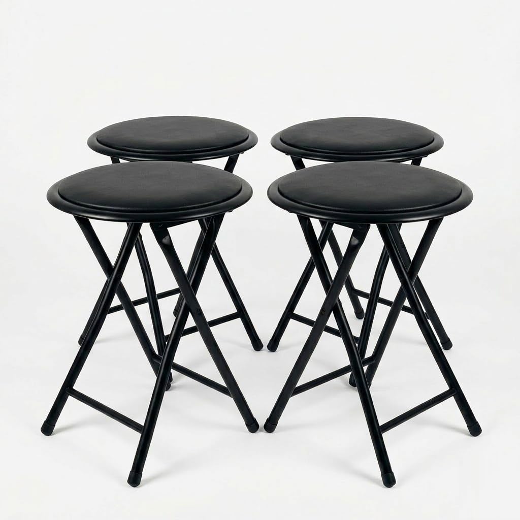 SuperGift.com 4x Black Round Compact Padded Folding Stool Chair For Breakfast, Office Stool, Folding Kitchen Stool, Desk Stool, Foldable Bar Stools