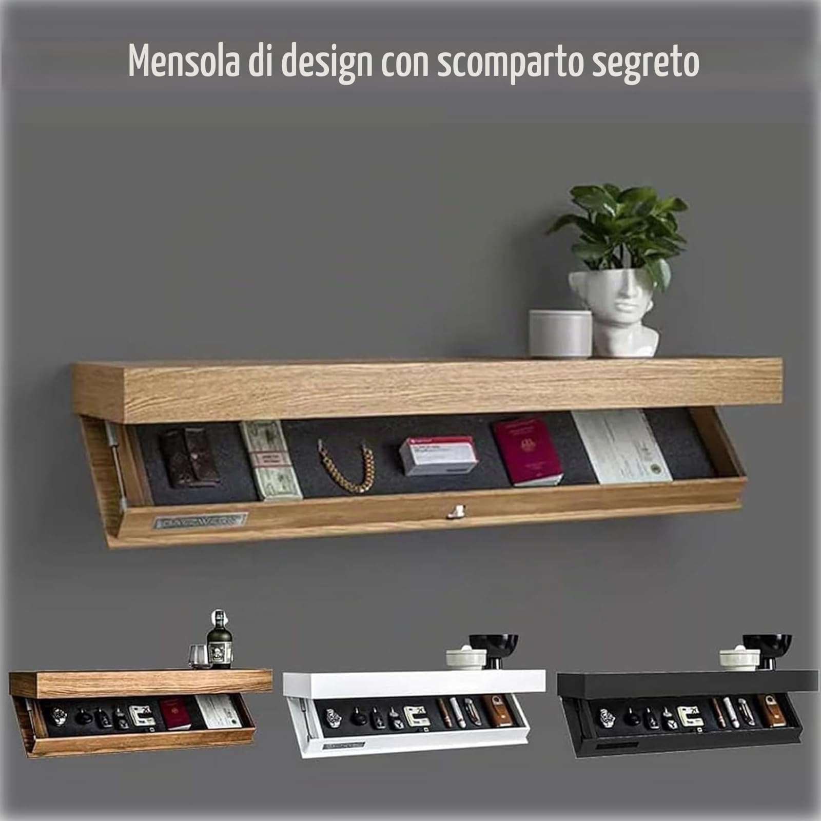Mensola con Cassetto Galleggiante, Pannello Murale con Scomparto Segreto, 21 x 40 x 7.2 cm, Plastica, Montaggio a Parete, Con Serratura