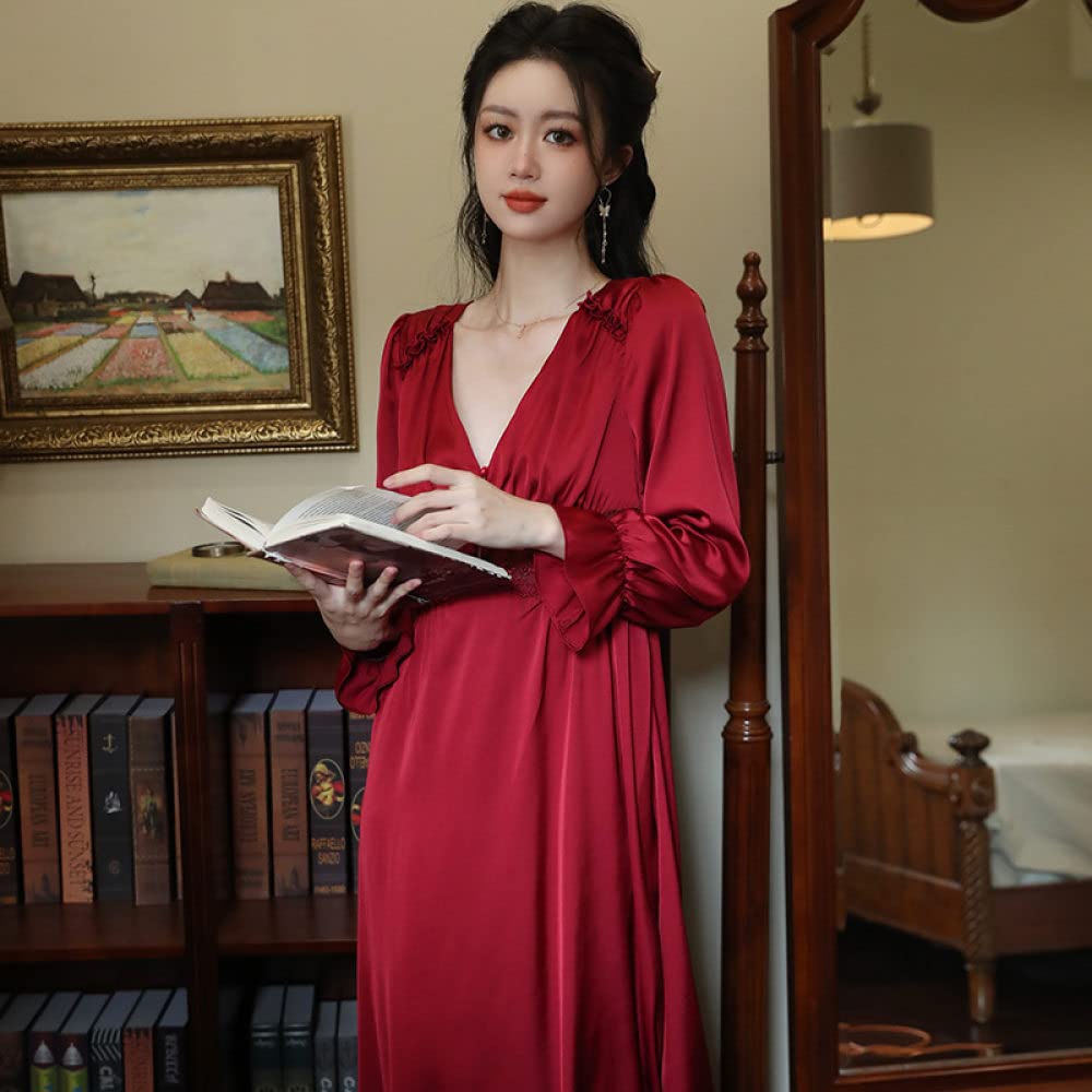 Nachthemd,Damen-Nachthemden, Roter Satin, V-Ausschnitt, Knopf, Spitzennähte, Elegantes Schlafhemd, Weiches, Bequemes, Langärmliges Nachthemd, Loungewear Für Damen, Mädchen, Pyjama-Party, Weihnac