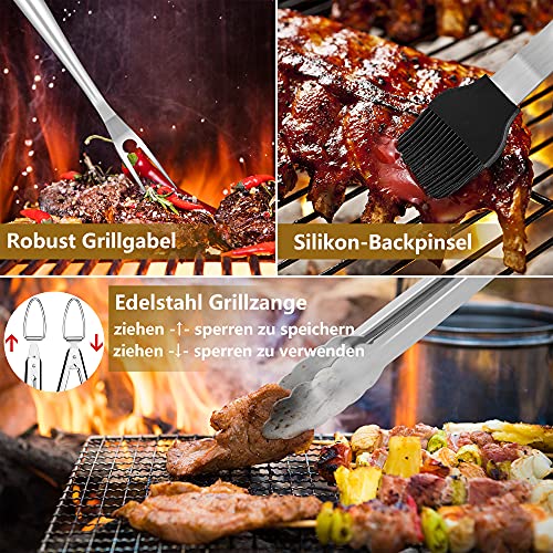 Herogo Grillbesteck Set, 6-teilig Edelstahl Grill Zubehör mit Tragetasche, Grillwerkzeug-Set mit Zange, Wender, Gabel, Grillbürste, BBQ Grillzubehör für Männer, Grill Weihnachten Geschenk