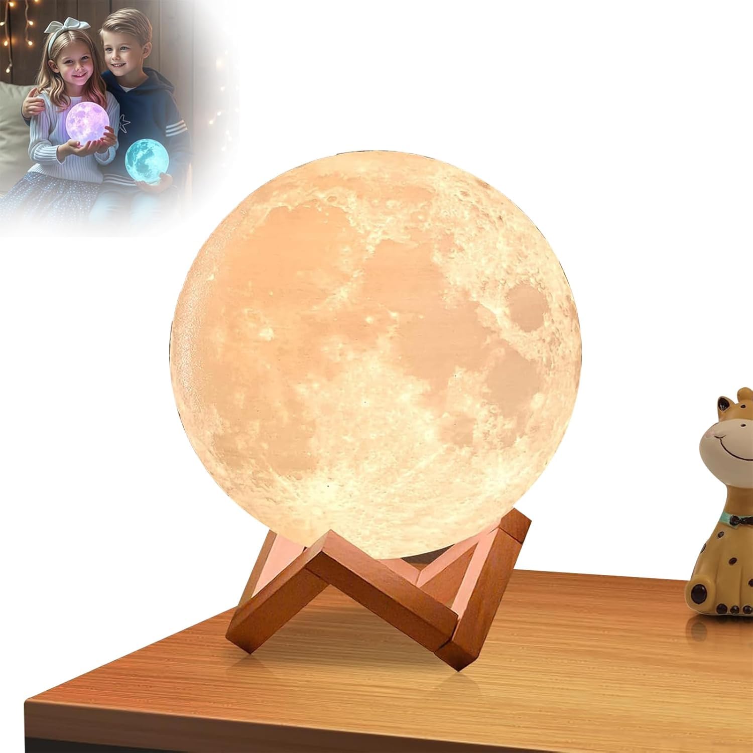 Lampada a forma di luna 3D, lampada da comodino USB con telecomando e supporto in legno, luce notturna unica per camera da letto, regali per donne, bambini, decorazione natalizia e del Ringraziamento