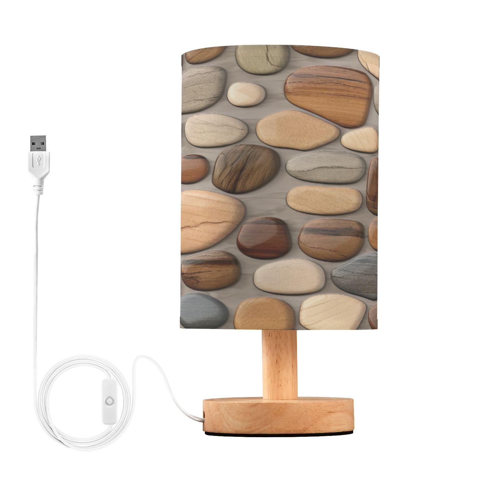 SDMKA Wooden Stones Texture Bedside Table Lamp for Bedroom, Minimalist Nightstand Lamp with Round Fabric Shade for Living Room, Office, No Bulb Required