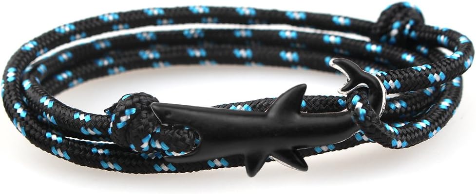 Happiness Jewelry Nylon Rope Sailing Vikings Wrap Bracelet with Black Nautical Shark Alloy Clasp 30 Inches (Black / Black)