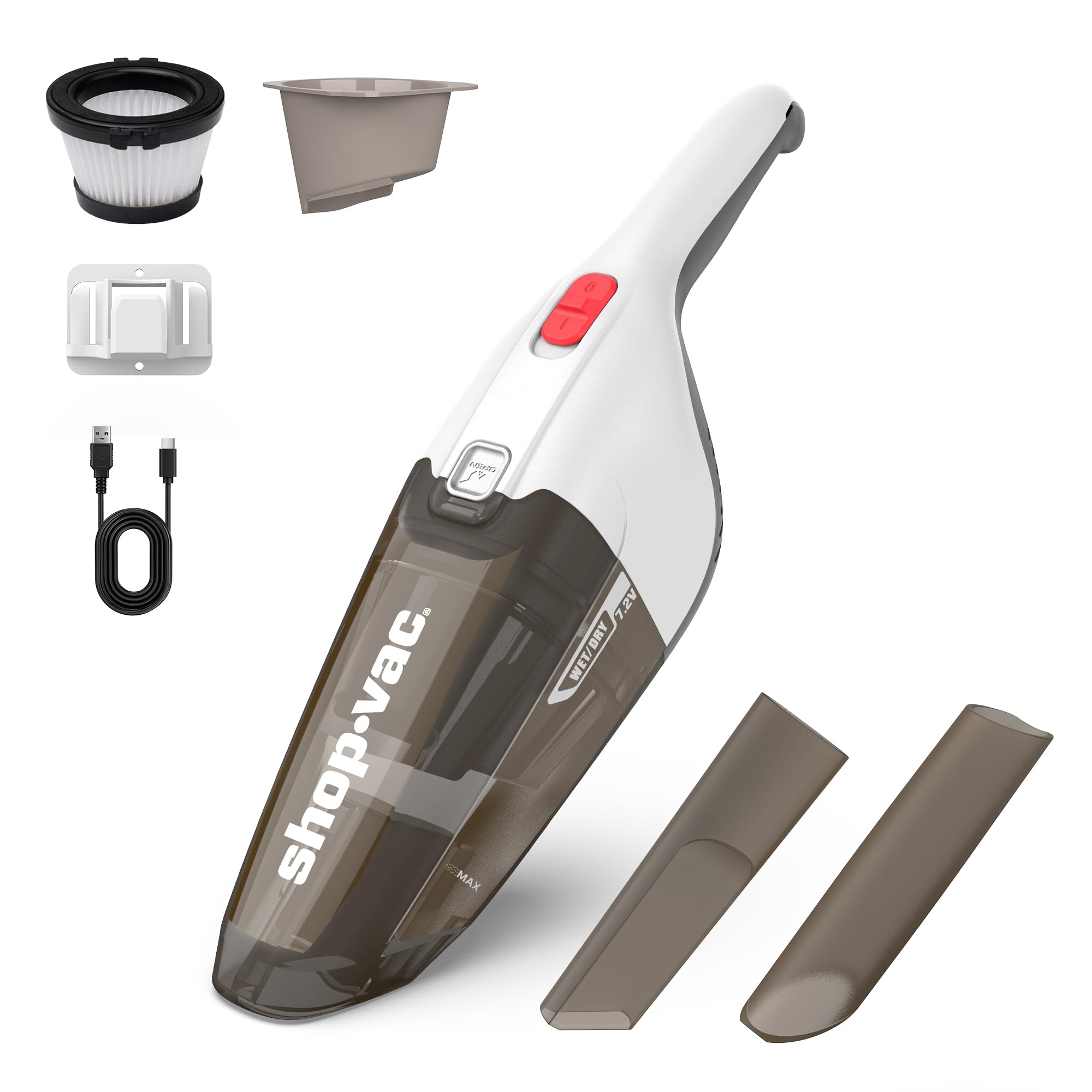 Shop-Vac Wet/Dry Handheld Vacuum Cordless, Powerful Portable Car Vacuum Rechargeable, Wall-Mounted Hand Vac with Crevice Tool, Lightweight Hand Vacuum for Home & Car, Washable Filter, White