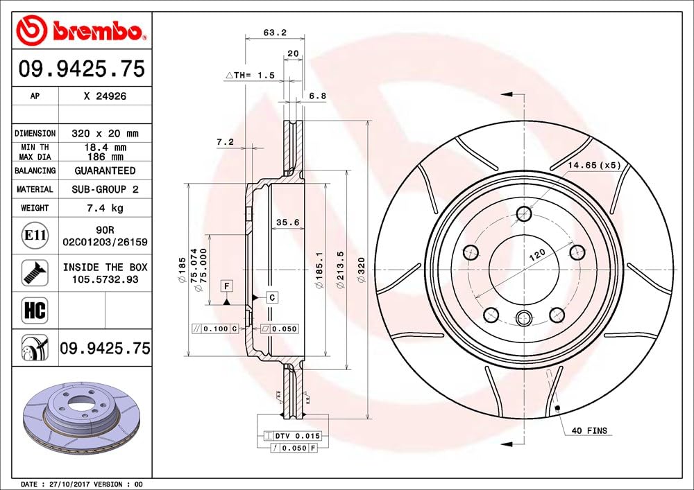 Brembo Max 09.9425.75 - Disco Freno Baffato (Set di 2) - Posteriore
