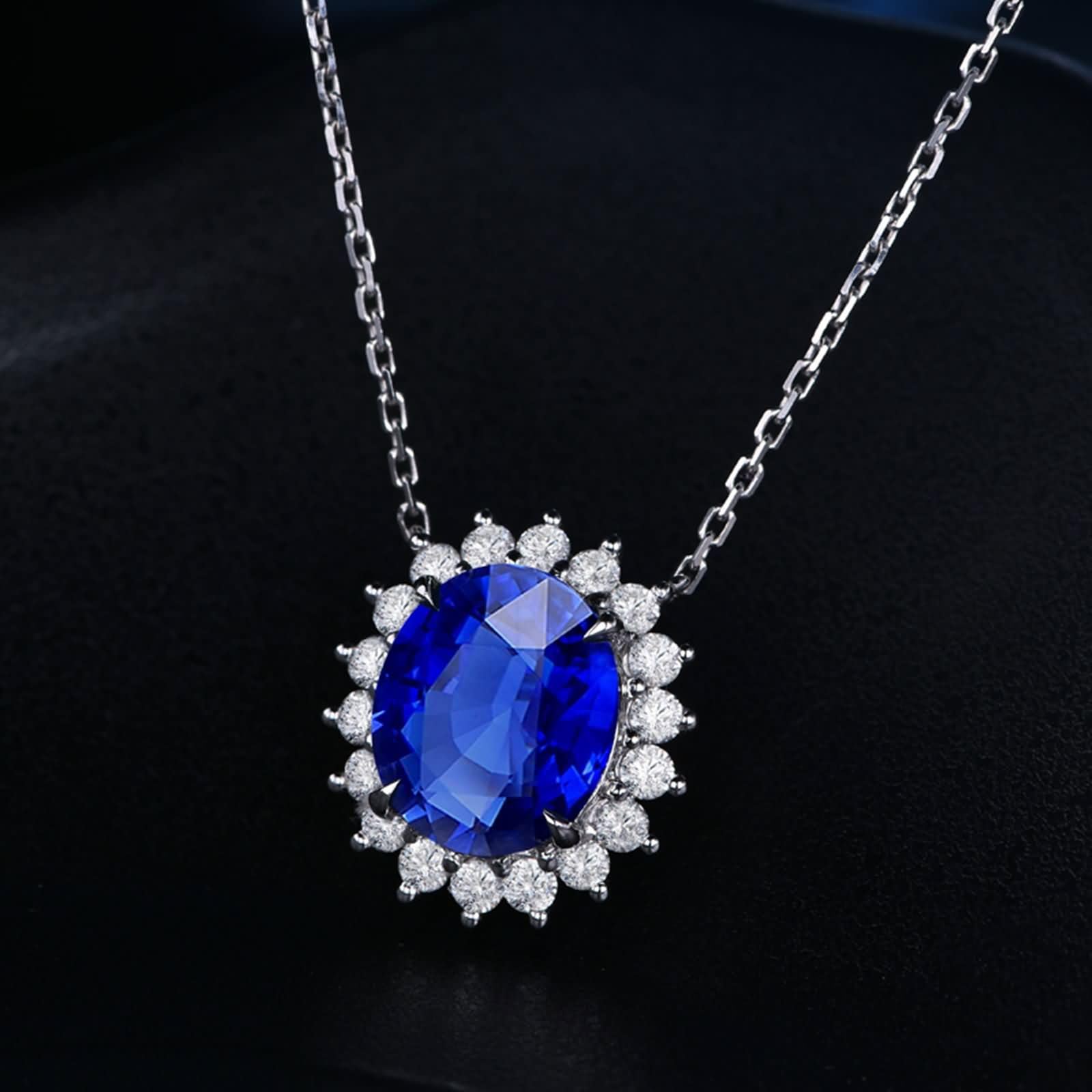 Damskie 9K / 14K / 18K Białe Złoto Wisiorki, 4 Owalne Pazury Z Diamentowym Szafirem 0,6ct i Diamentem, Naszyjniki Damskie Niebieskie Srebro
