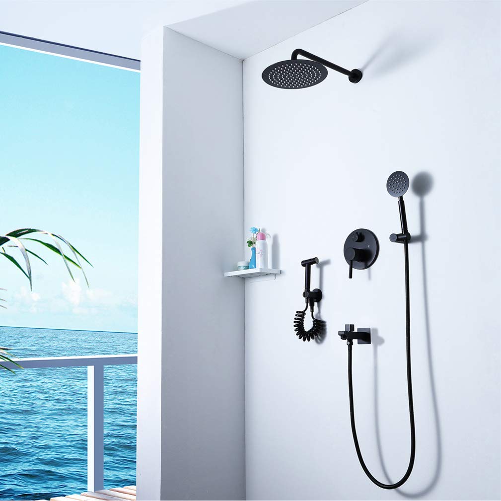 Sistema Doccia, Set di rubinetti per Doccia da Bagno Neri a Parete Soffione Doccia a Pioggia Ultrasottile Rotondo da 25,4 cm con spruzzatore Portatile e Pistola a spruzzo, Set Doccia di Lusso