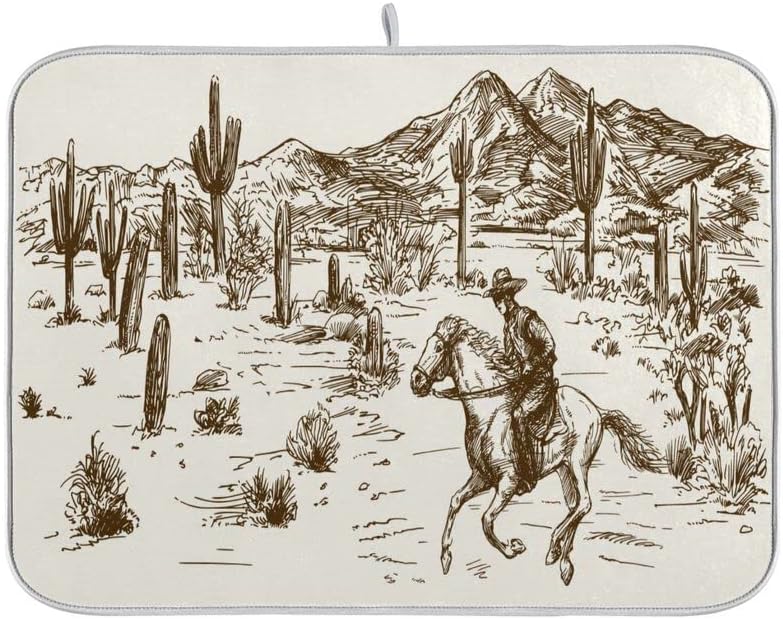 Tapete de secado de platos vintage de West Cowboy de 16 x 18 pulgadas para decoración de mostrador de cocina, diseño retro de cactus del desierto de