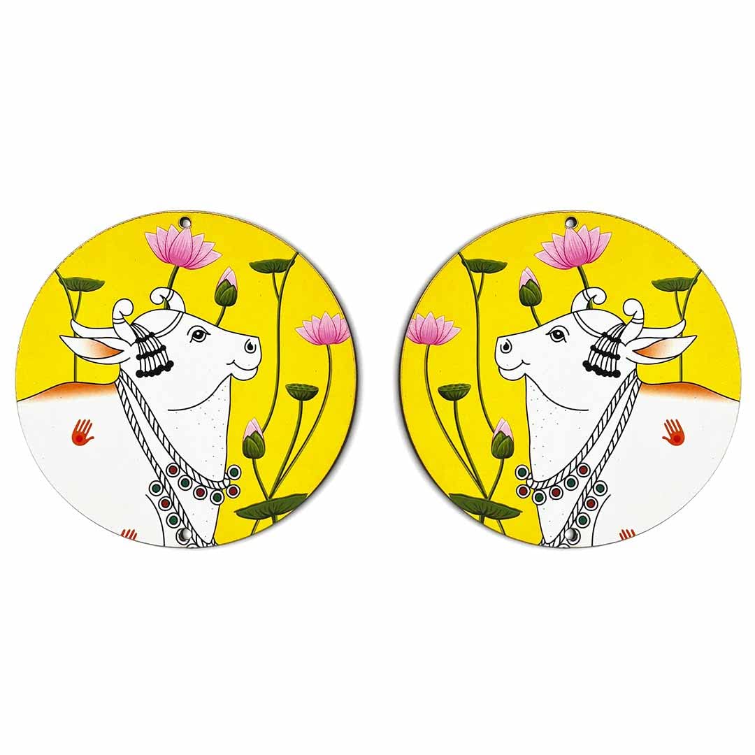 Craft Shop India Yellow Pichwai Cow MDF Right Left Face Base Round Shaped Cutout Design for Diwali | Dussehra | Rangoli | Pooja | Festival Gift | Wedding Decorations Set of 18