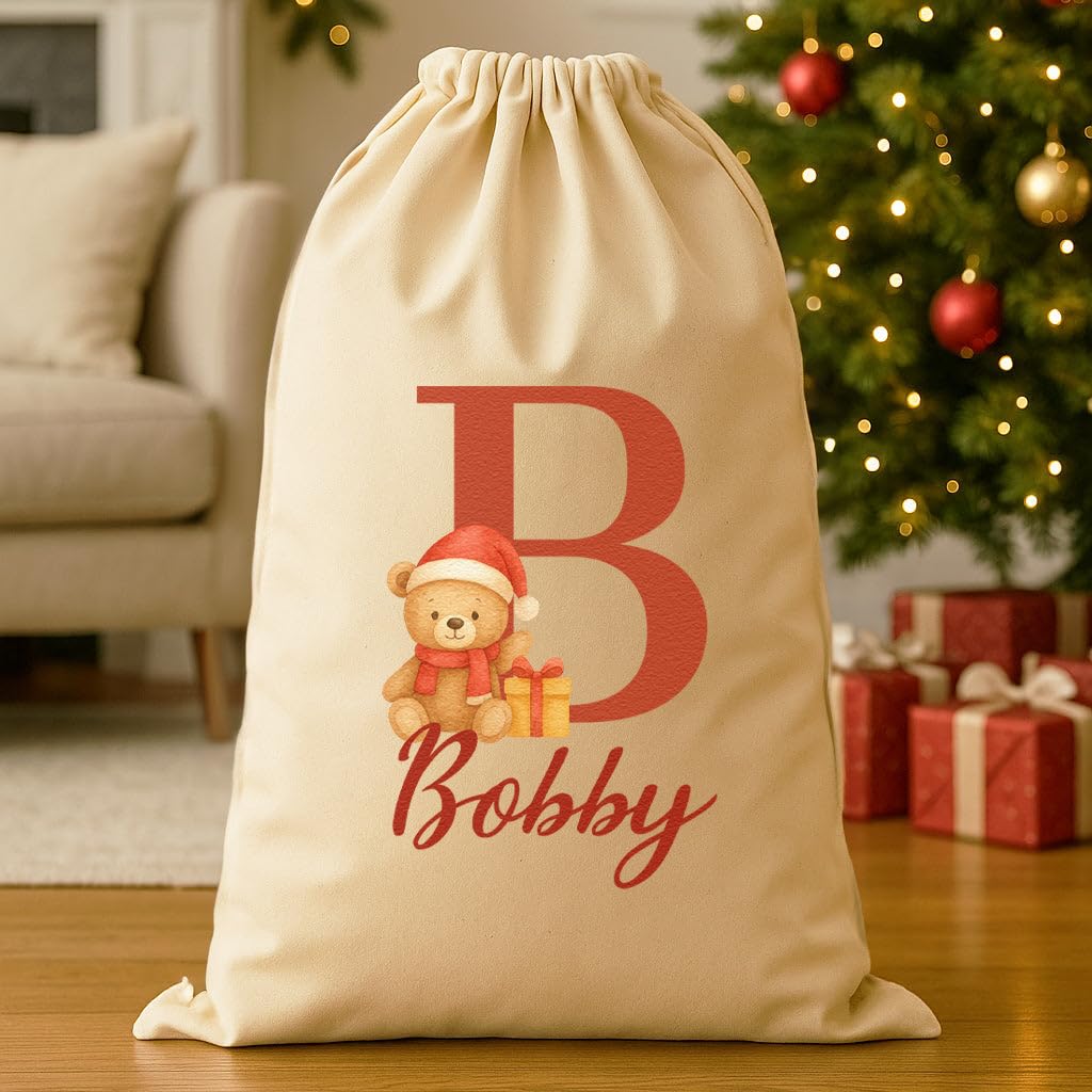 The Gift Project Biege Personalised Christmas Teddy Initial And Name - Christmas Santa Sack