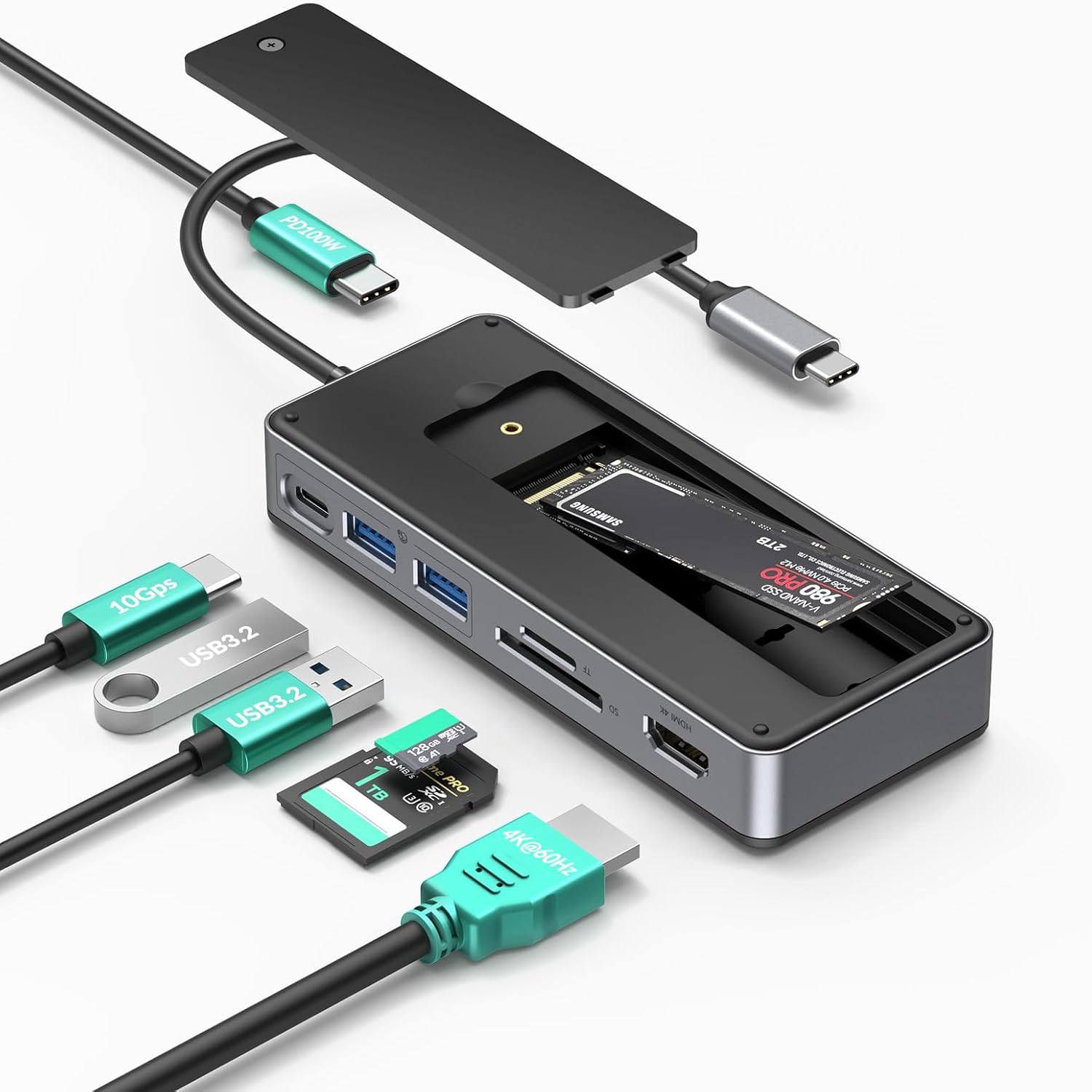 GiGimundo GM28P M.2 NVMe SSD Docking Station - 10Gbps Multi Ports Portable USB-C Hub, PD100W, HDMI 4K 60Hz, SD Card Reader, M.2 Dock for Laptop Mac, Black