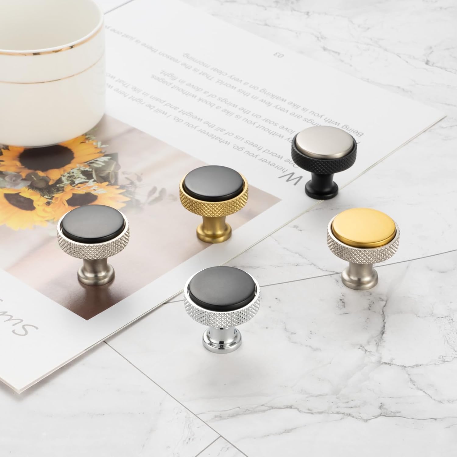 KOOFIZO 10 Pack Black and Gold Kitchen Cabinet Knobs Matte Black and Gold Drawer Knobs K28 Knurled Round Single Hole Cabinet Pulls for Cabinets Drawers Dresser Cupboard Bedroom Bathroom