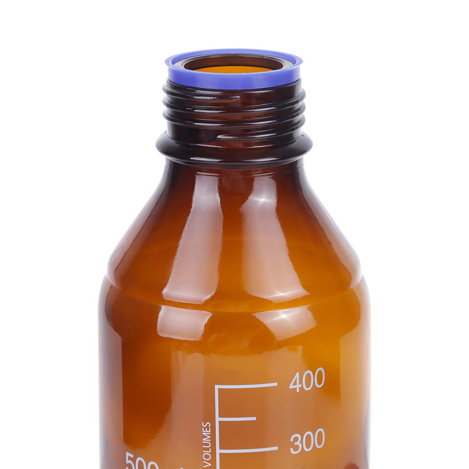 Paquete de 8 botellas de vidrio de borosilicato ámbar de 500 ml graduadas redondas de reactivo de laboratorio/almacenamiento con tapa de rosca azul GL45