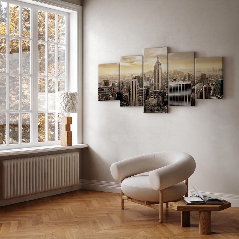 decomonkey Cuadro Lienzo Nueva York Sepia Horizonte 200x100 cm 5 piezas | Impresión sobre material tejido no tejido, decoración de cuadro de pared, gráfica fotográfica, para salón, diseño 1
