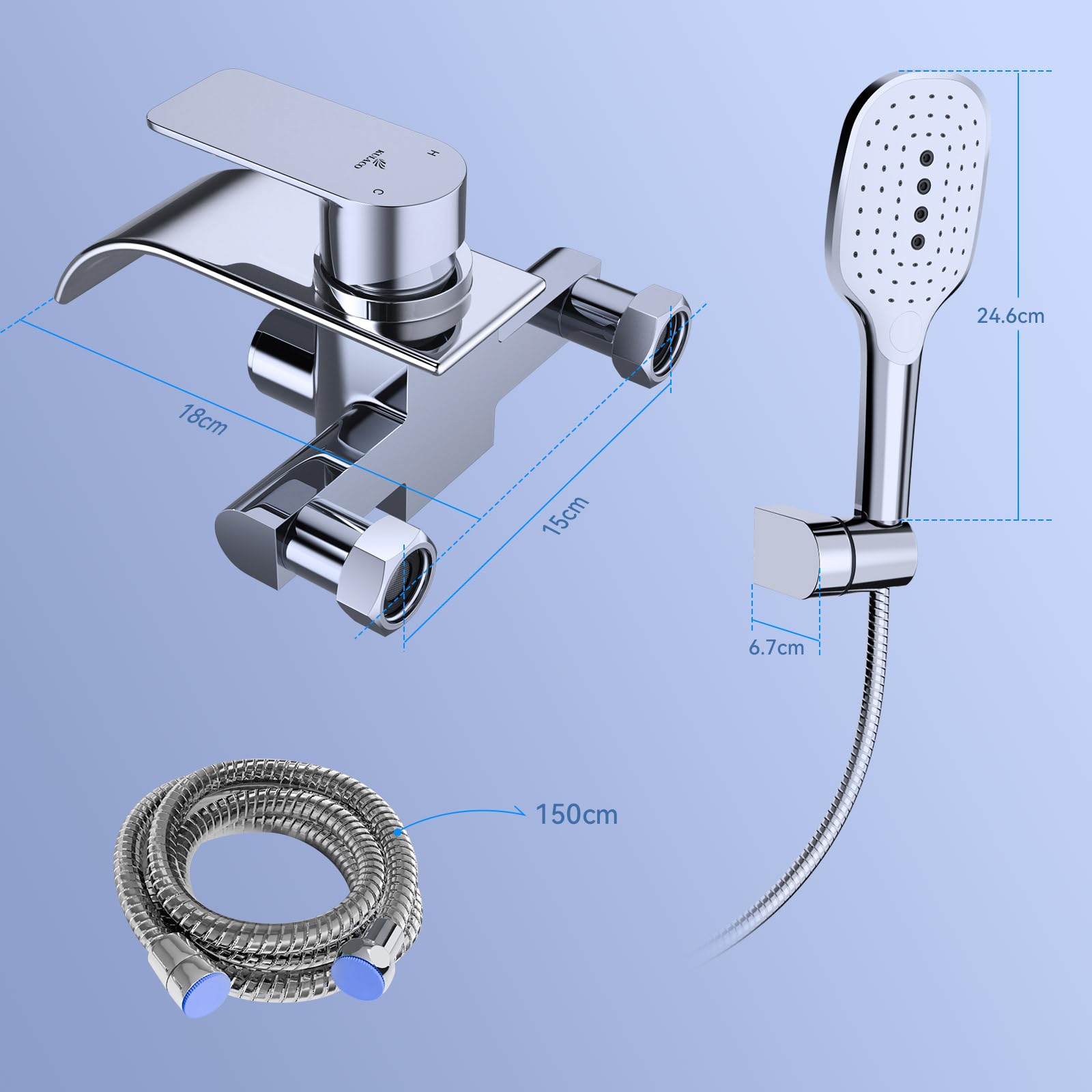 KULACO Robinetterie de baignoire avec douchette, Robinet de baignoire cascade, Mitigeur de douche en laiton avec 3 fonctions, Robinetterie de baignoire avec interrupteur à pression - Chrome