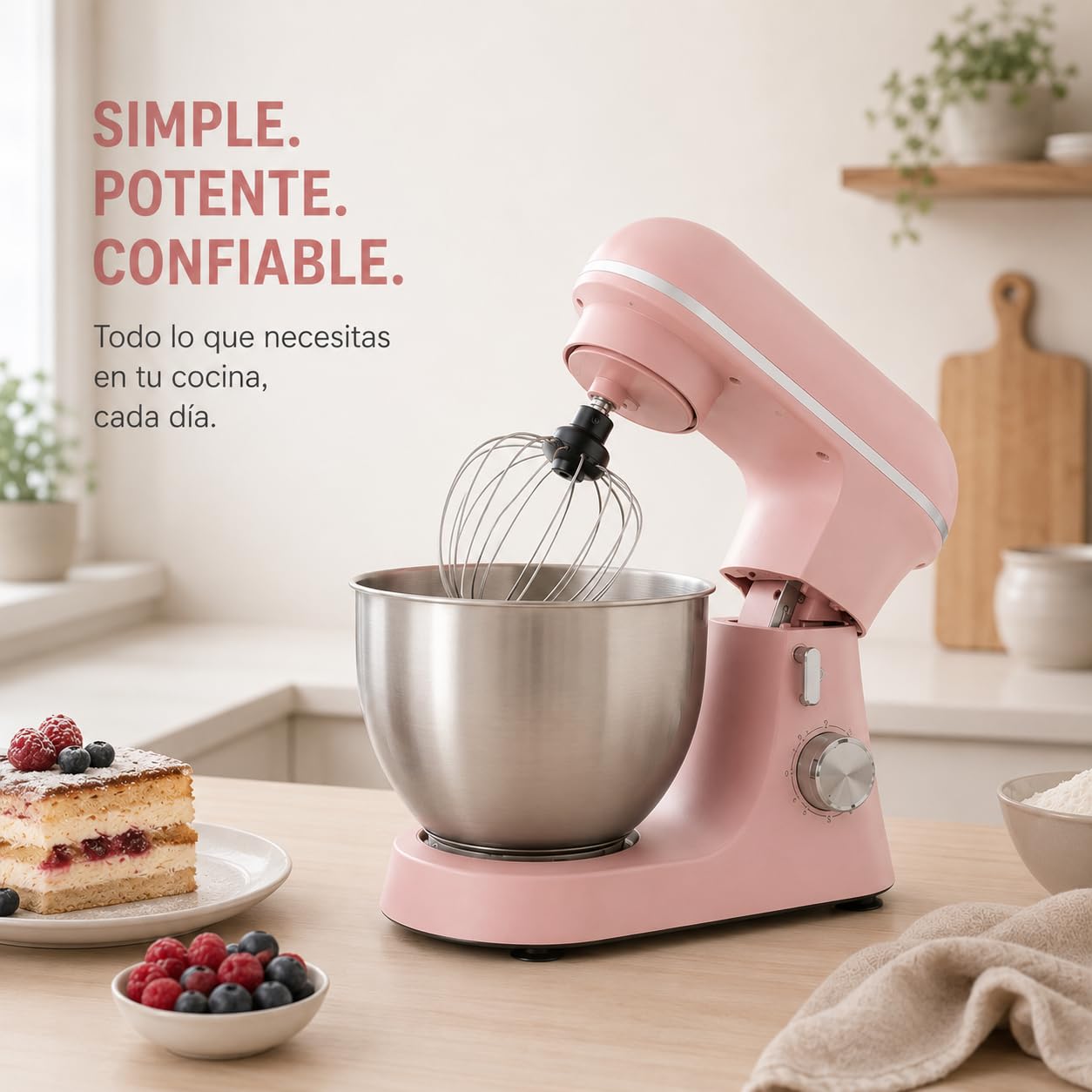 Royal Swiss Robot de Cocina Amasadora 5L 1500W, 10 Velocidades + Pulso, Movimiento Planetario 360°, Cuenco Inox, Batidora para Pasteles, Merengue, Pan y Pizza, Rosa
