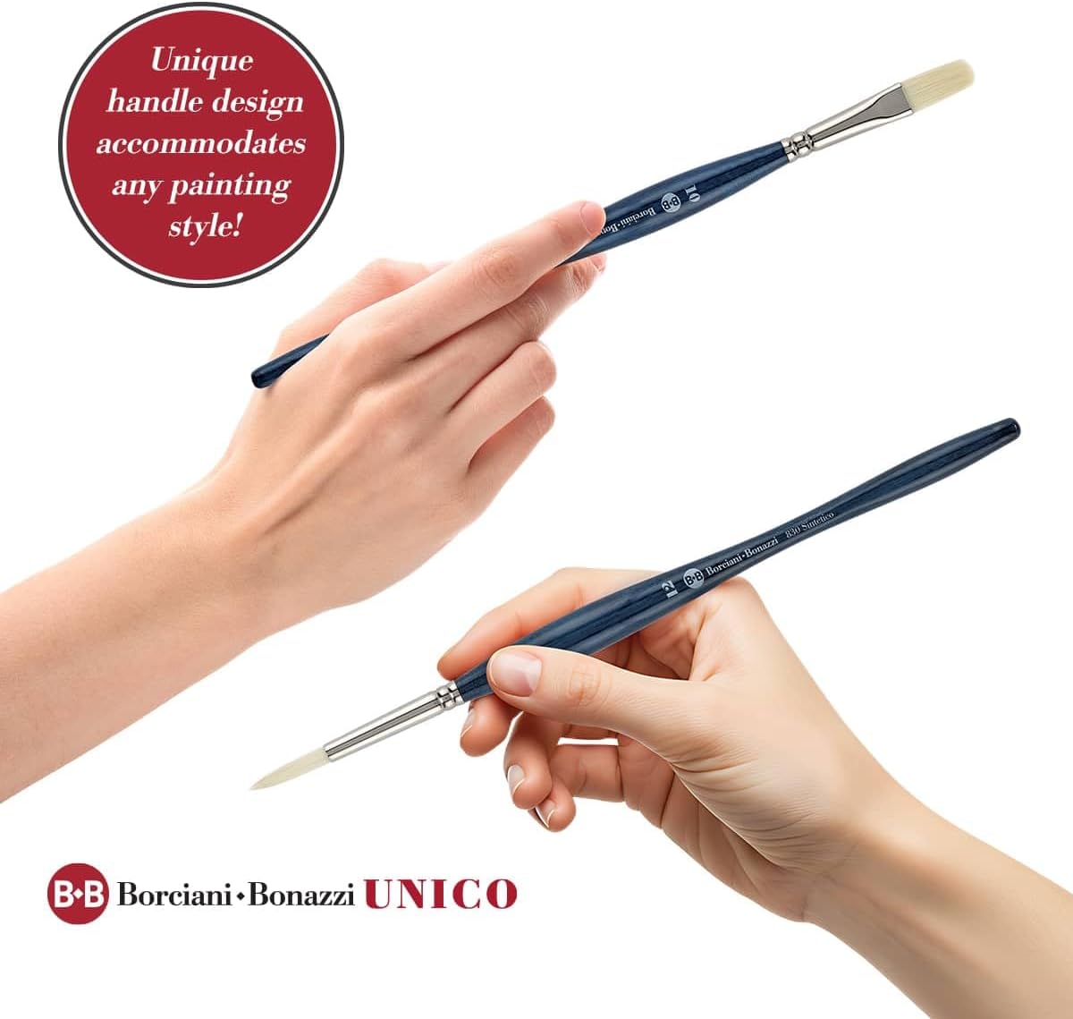 Borciani e Bonazzi Unico Bianco Synthetic Series 830 Paint Brush, Round 8 - Acrylic, Oil, Gel, Impasso Painting - Ergonomic Handle, Cruelty-Free, Brass Ferrule, Handcrafted in Italy