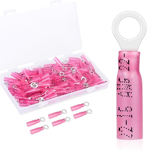 Miniatura 15 de Paquete de 100 terminales de anillo termorretráctil de 1/4 de pulgada – Conectores de alambre termorretráctiles de grado marino de 16-14 AWG