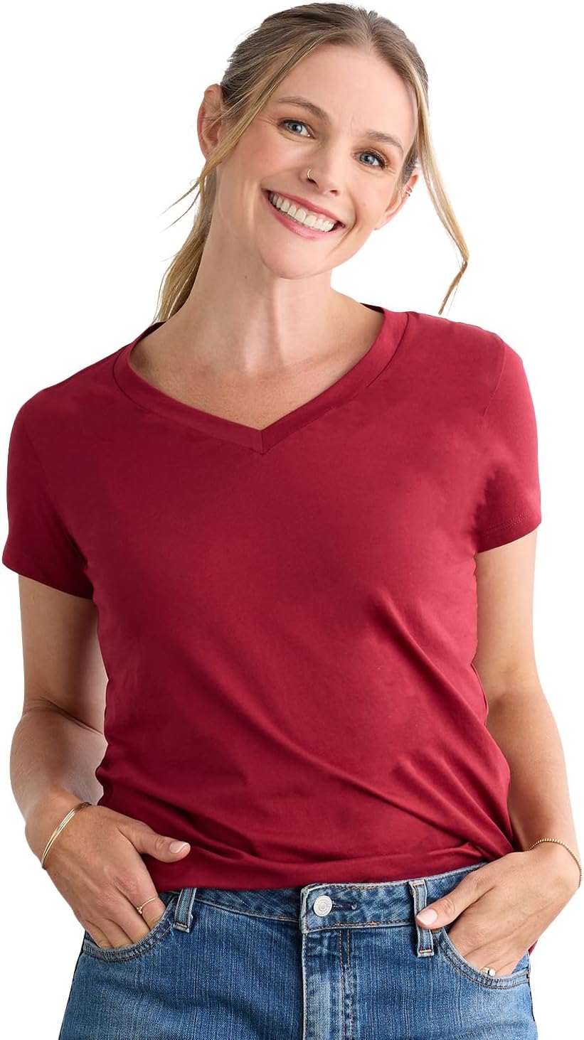 Fair Indigo Women's 100% Organic Pima Cotton Relaxed Short Sleeve V-Neck T-Shirt