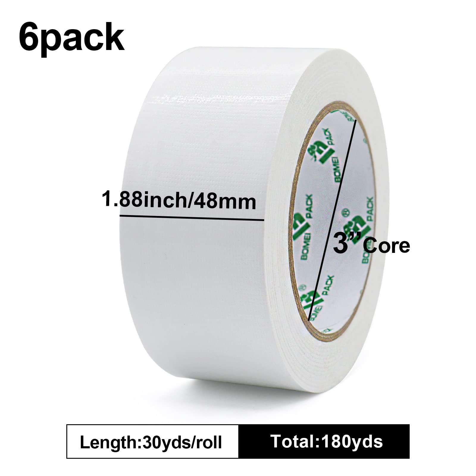 BOMEI PACK White Duct Tape 6 Rolls Reinforced 48mm x 30m Heavy Duty White Gaffer Tape 190 mic for Ducts Fixing Repairing,Moving Box Sealing,Home DIY Craft Labeling - Image 2