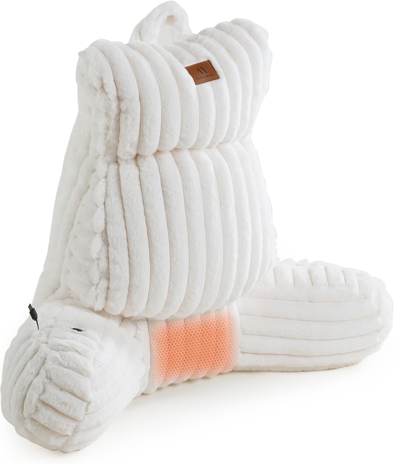 Amélie Home Heated Faux Fur Reading Pillow with Pocket - 3-Temperature Backrest for Sitting in Bed, USB-Powered(No Power Bank Included) Warming (113°F 131°F), 3H Auto Shutoff, Ivory, 25 Inches Ivory Large(25inch)