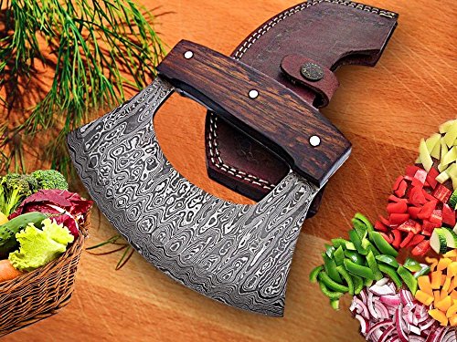 Ttc-111 Handmade Demascus Ulu Kitchen Knife -Wood Handle (Rose Wood/Damascus) #TOP2