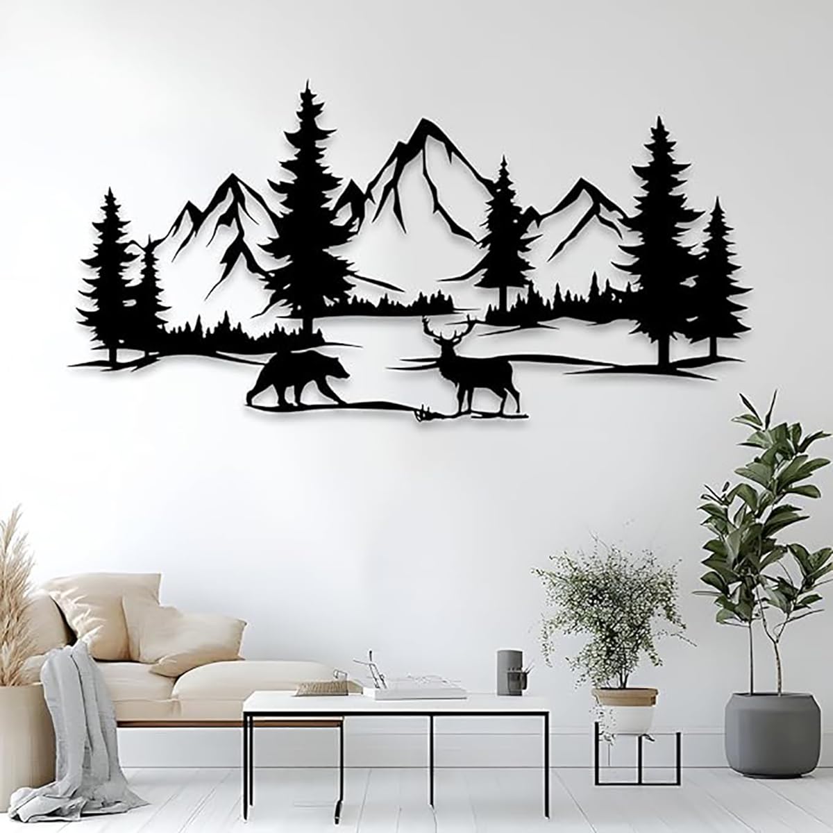 Décoration murale en métal montagne et forêt noire 60x30 cm pour habiller vos grands murs