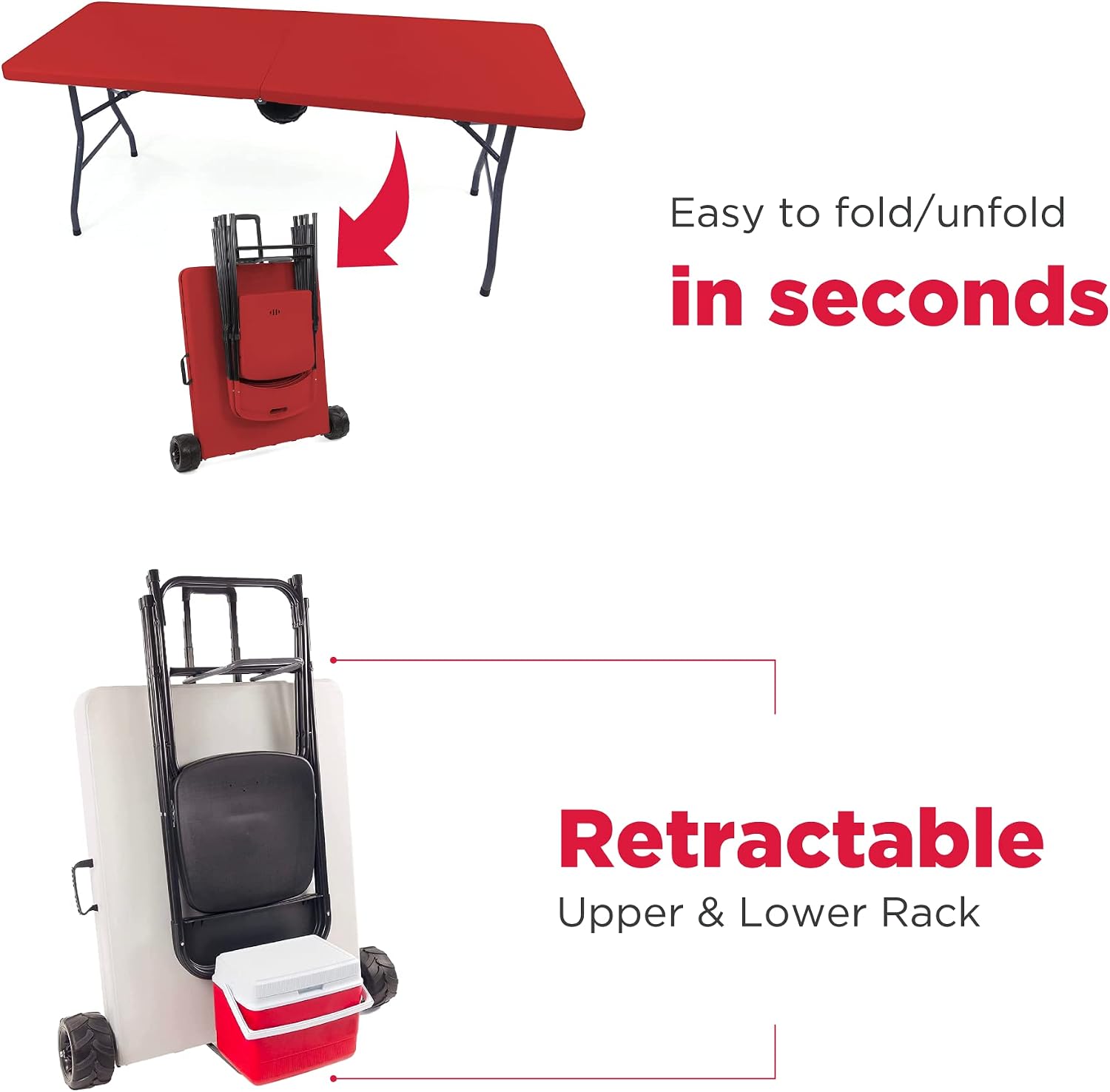 Creative Outdoor 6Ft Folding Table, Durable Plastic, Built-in Wheels, Easy to Clean, Indoor/Outdoor Folding Table, Perfect for Camping, Picnic, Tailgating, Party (Red)