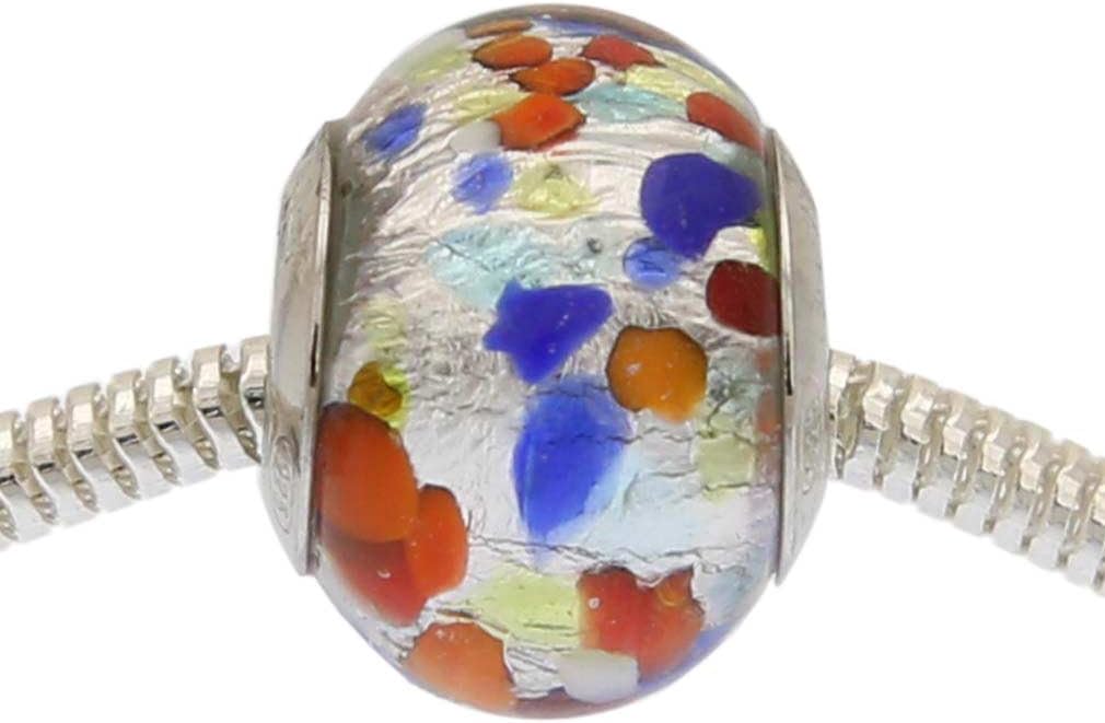 Glass Of Venice Murano Glass Silver Lined Multicolor Confetti Charm Bead for Charm Necklaces and Bracelets. Sterling Silver Framed, Handmade in Venice, Italy. Compatible with All Standard Charm Bead J