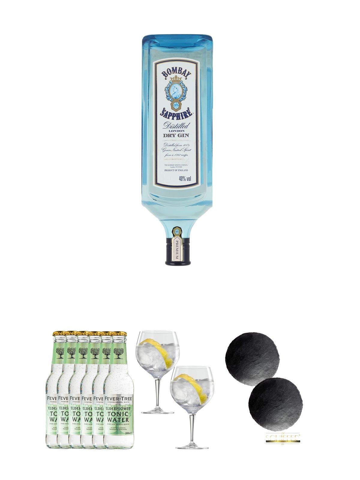 Bombay Sapphire Gin 1,75 Liter + Fever Tree Elderflower Tonic Water 6 x 0,2 Liter + Spiegelau Gin & Tonic 4390179 2 Gläser + Schiefer Glasuntersetzer RUND ca. 2 x 9,5 cm Durchmesser