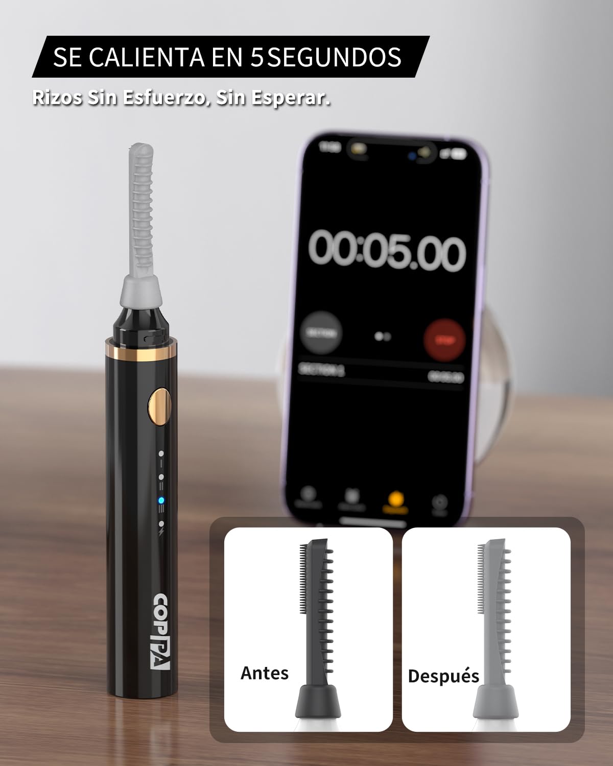 COPPA Rizador Pestañas Calentado, LP-1 LP-1 Lipstick Tipo Rizador de Pestañas Eléctrico 3 en 1 con 3 Cabezales 3 Modos de Curling y 3 Temp & 5s Calentamiento para Principiantes y Makeup Pros, Negro
