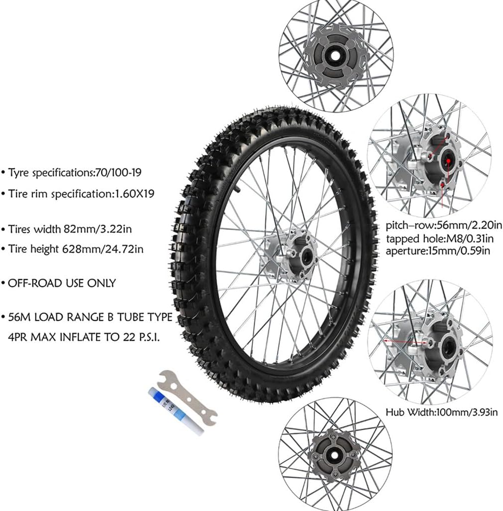 70/100-19 Wheel Tire and Rim Inner Tube with Pit Dirt Bike 1.6x 19 Rim 15mm Bearing Assembly for Pit Pro Trail Bike Motorcycle Motocross Off Road 19 inch Tire SSR Apollo KLX125 TTR125 KX85 (Front)