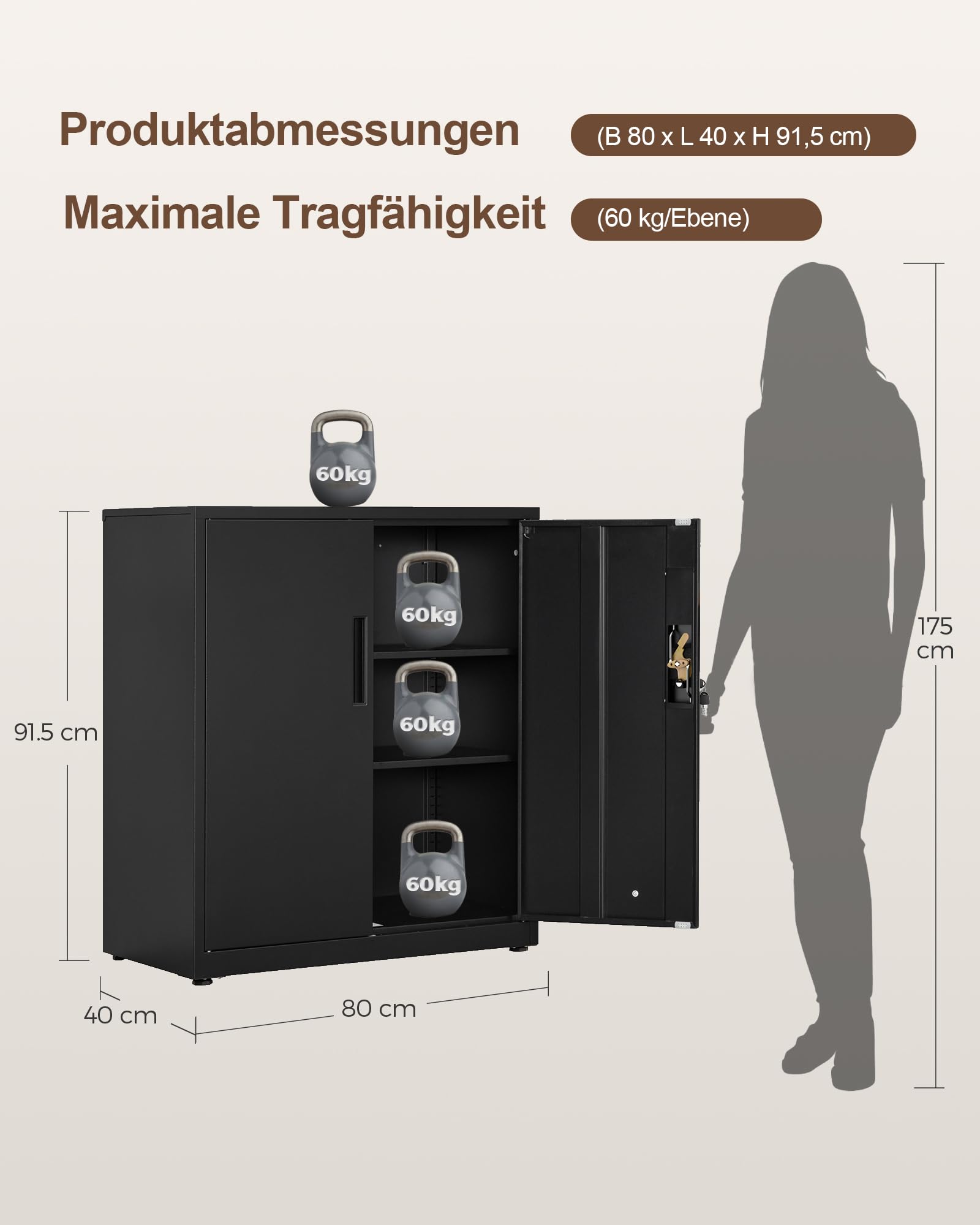 LAND·VOI Stahlschrank 3 Ebenen mit Schloss verstellbare Einlegeböden Doppeltüren Aktenschrank Werkzeugschrank für Büro Garage Haushalt Werkstatt 80x40x91.5 cm Schwarz