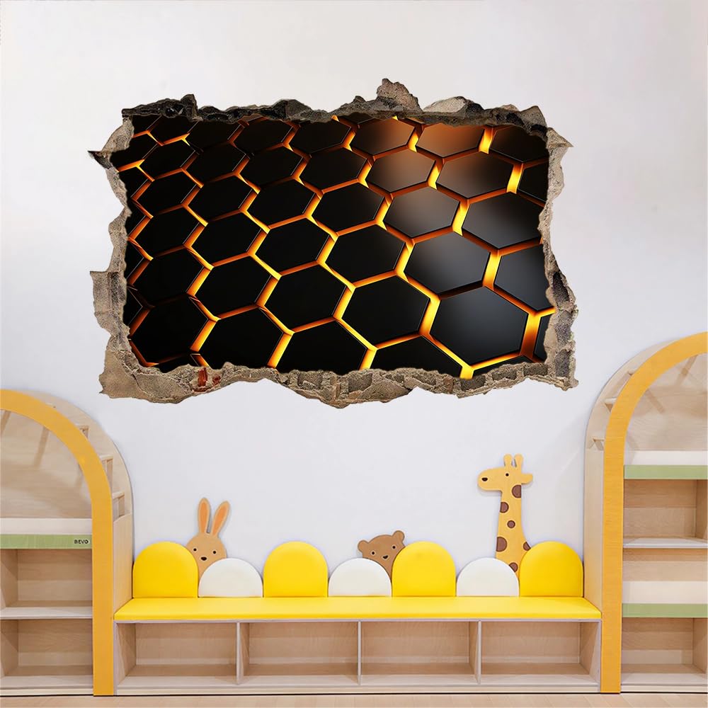 3D Durchbruch Wandtattoo Mädchen Kinderzimmer Wabenförmige Geometrie Wandaufkleber Dekorative Schwarz Und Gold Wandsticker für Junge Teenager Zimmer Wohnzimmer Schlafzimmer Wandbilder Deko