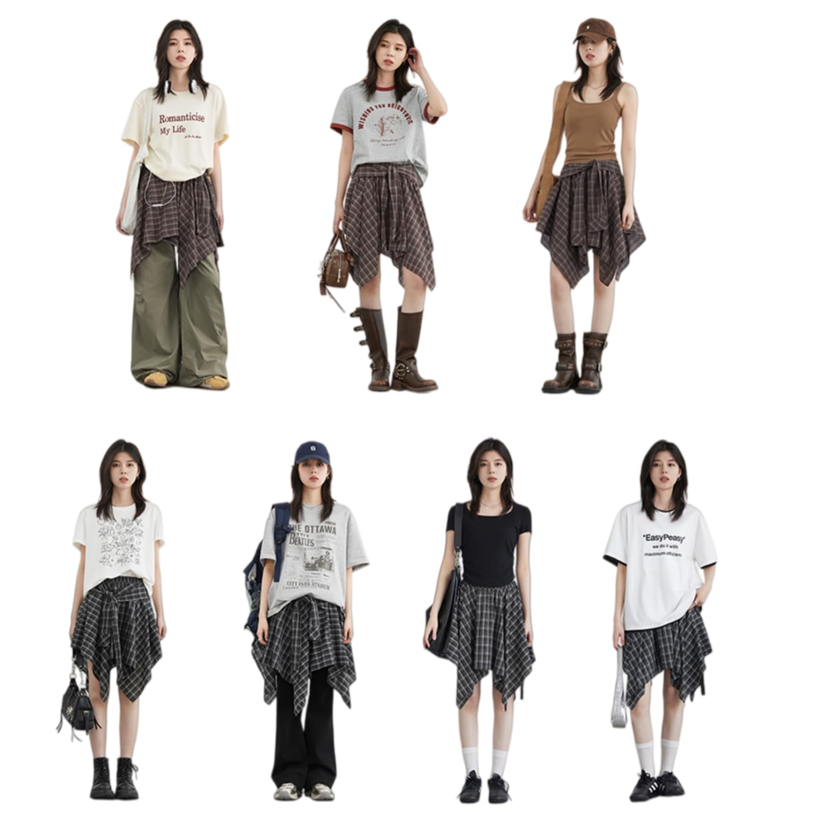 Minigonna Donna Alta Vita Plaid Asimmetrica Corsa Cravatta Frontale A-Line Mini Gonna, Elastico Corsa-HH-l