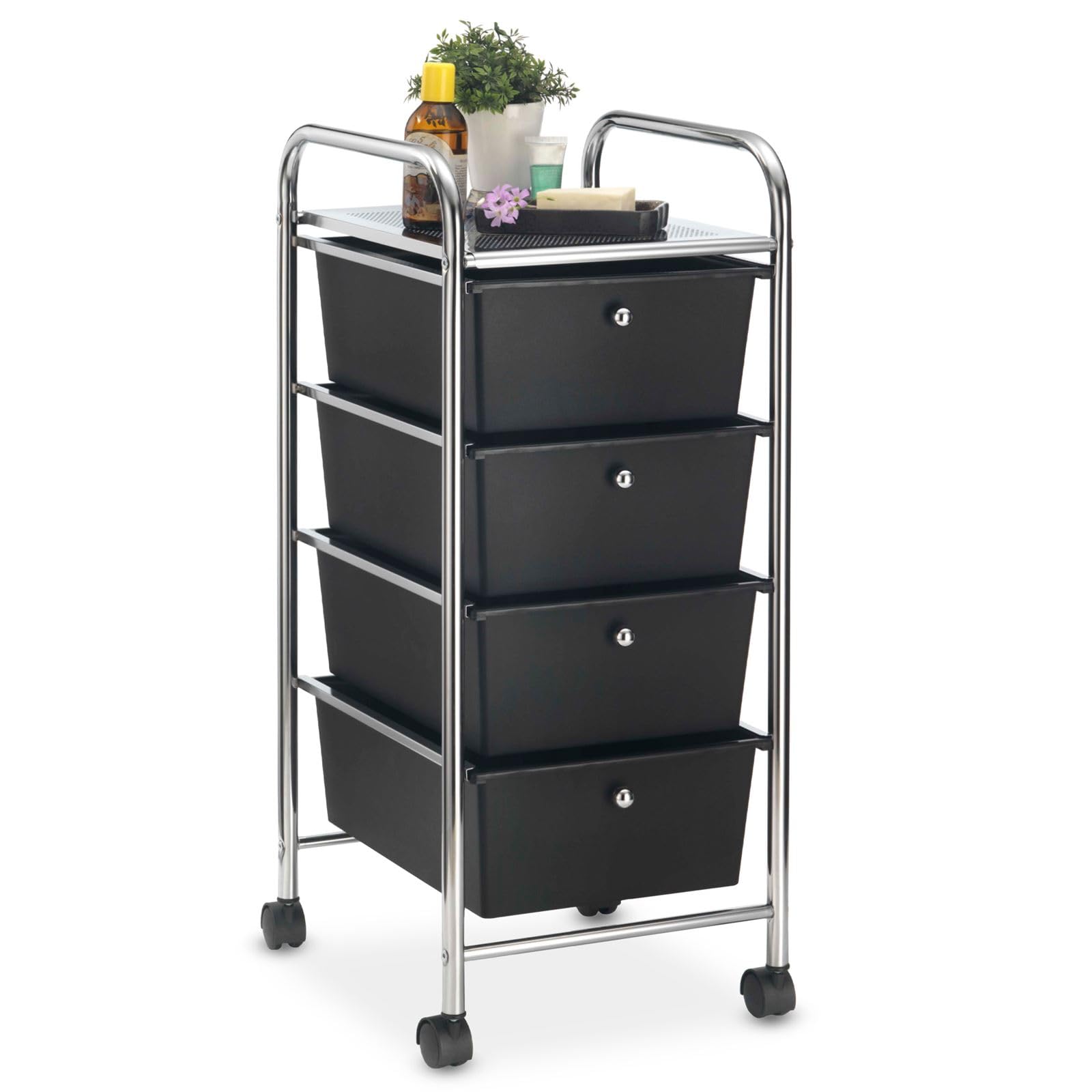 IDIMEX Caisson sur roulettes GINA Chariot avec 4 tiroirs en Plastique Noir et 1 étagère, Meuble de Rangement pour Salle de Bain en métal chromé