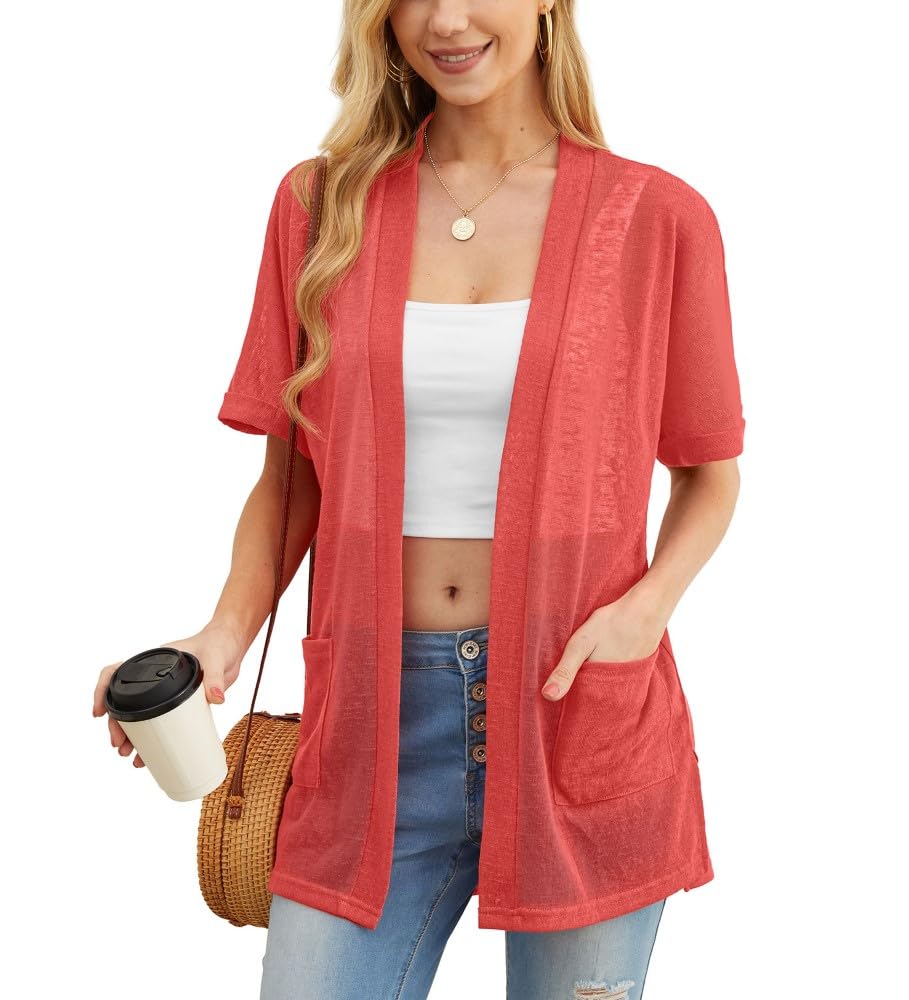 PrinStory Vesten voor dames lichtgewicht korte mouwen dames zomer vesten met zak casual open voorkant V-hals bovenkleding, Een Koraal, M